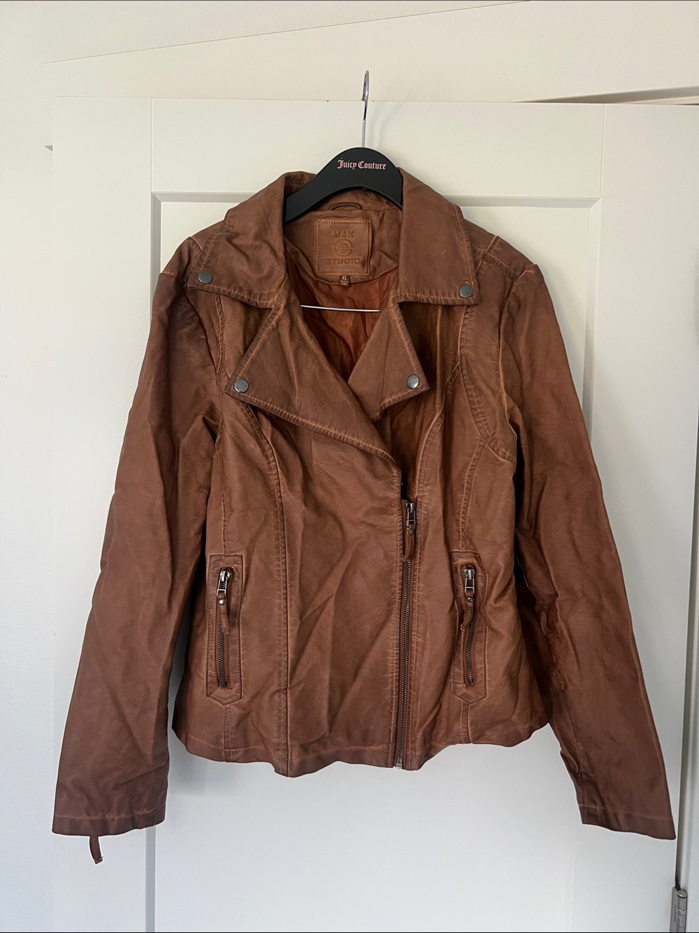 Max Studio Cognac Brown Faux Leather Moto Jacket